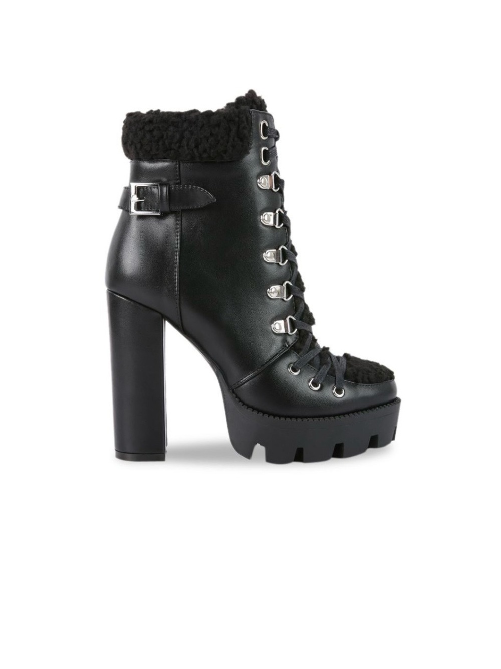 Women’s Black Shearling-Trim Lug Heeled Ankle Boots - Picture 2 of 6